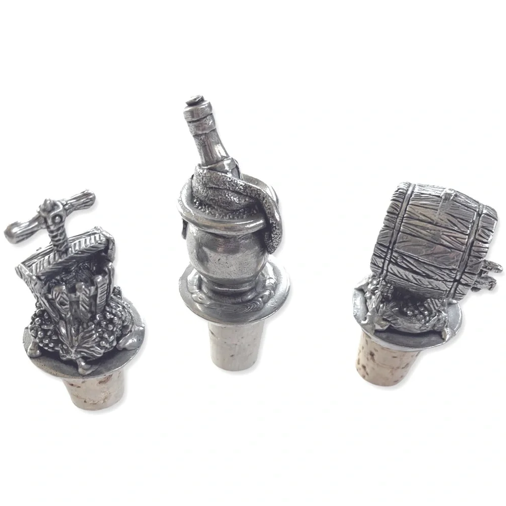 3 Vintage Solid Pewter Wine Stoppers Vineyard Inspired Barrel, Press, & Bucket